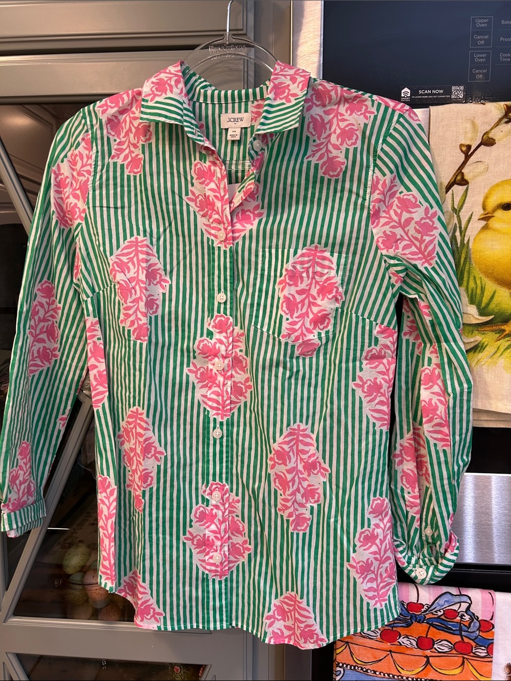 J. Crew Green and Pink Striped Floral Cotton Button-Up Top NWT XS